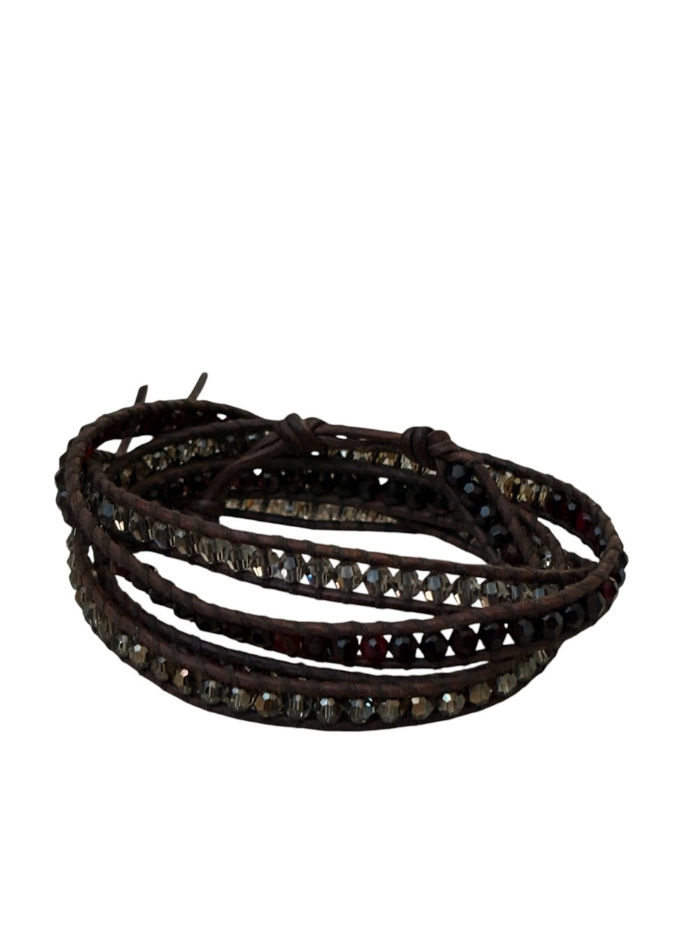 Chan Luu 925 Silver Beaded Red Grey Crystal Leather 5 Wrap Bracelet - Picture 3 of 7